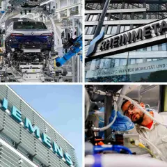 Vier Bilder zeigen deutsche Industrie: BMW-Autobau, Rheinmetall-Gebäude, Siemens-Logo, Merck-Mitarbeiter. Diese Unternehmen gehören zu den wertvollste deutsche Unternehmen.