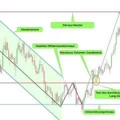 Chart zeigt einen Abwärtstrend, der in ein **double top pattern** übergeht. Nach dem Test des Widerstandsniveaus erfolgt ein Long-Einstieg.