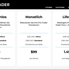 Preise für NinjaTrader: Kostenlos, Monatlich ($99) und Lifetime ($1.499). Gute Ninjatrader Erfahrungen sind mit allen Optionen möglich.