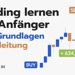 Trading lernen für Anfänger: Grundlagen & Anleitung. Ein Trader kauft und verkauft, wie die Kerzencharts mit BUY/SELL und Gewinnanzeige zeigen.