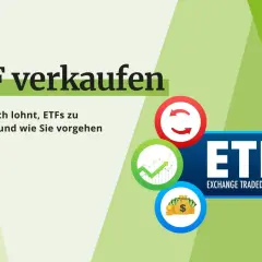 Grafik mit dem Titel "ETF verkaufen". Zeigt Symbole für Gewinn, Geld und Umtausch. Erklärt, wann es sich lohnt, ETFs zu verkaufen.