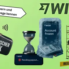 Ein riesiger Vorschlaghammer mit der Aufschrift "Regulatorischer Druck" trifft eine Bankkarte. Ein Handy mit "Account frozen" und ein Smartphone mit "Regulatory Remediation" deuten auf Probleme bei der **wise bank** hin.