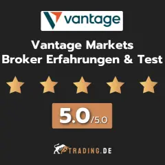 Vantage Markets Broker Erfahrungen & Test: 5.0/5.0 Sterne. Ein Trading.de-Logo ist unten abgebildet.