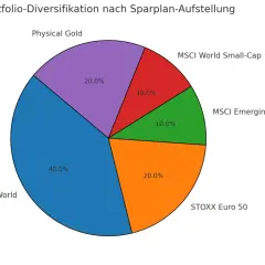 Ein Tortendiagramm zeigt eine Portfolio-Aufteilung: 40% MSCI All-World, 20% Physical Gold, 20% STOXX Euro 50, 10% MSCI Emerging Markets, 10% MSCI World Small-Cap.