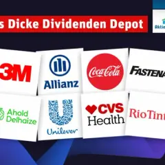 Logos bekannter Unternehmen wie Coca-Cola, Allianz, T-Mobile und 3M. Ein Depot mit Aktien mit monatlicher Dividende.