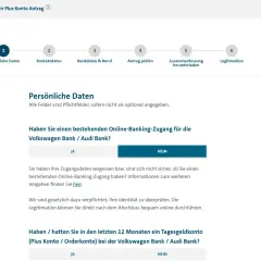 Antrag für ein Plus Konto bei der Volkswagen Bank. Hier werden persönliche Daten abgefragt, um Ihre Volkswagen Bank Erfahrungen zu erfassen.