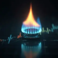 Flamme auf einem Gasherd über einem Börsenchart. Die steigenden Kurse spiegeln die Volatilität von Gas-Aktien wider.