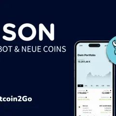 Bison App: Angebot & neue Coins. Ein Smartphone zeigt das Portfolio mit Bitcoin und Euro Wert. Positive Bison App Erfahrungen sind hier ersichtlich.