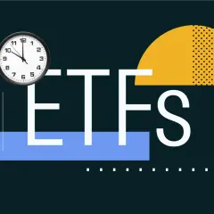 Uhr zeigt Zeit für die besten ETFs der letzten 10 Jahre. Abstrakte Grafik mit geometrischen Formen und dem Wort "ETFS".