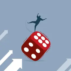 Mensch auf Würfel balancierend, symbolisiert Risiko bei Investitionen wie einem Hebel ETF. Pfeile deuten auf steigende Kurse.