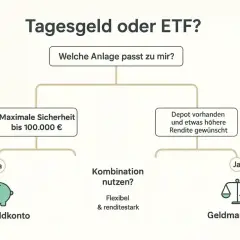 Flussdiagramm: Tagesgeldkonto für maximale Sicherheit bis 100.000€, Geldmarkt-ETF für höhere Rendite. Kombinieren für Flexibilität.
