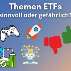 Themen ETFs: Sinnvoll oder gefährlich? Icons zeigen Gaming, Rakete, KI, Wasserstoff & Daumen hoch/runter.