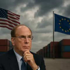 Ein Mann mit Brille denkt nach, im Hintergrund die US- und EU-Flagge über Containerstapeln. Möglicherweise eine Szene zur **Amundi STOXX Europe 600**-Analyse.