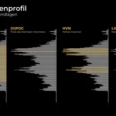 Das Volumenprofil zeigt, was bedeutet volumen: Value Area, (V)POC, HVN und LVN. Dies sind wichtige Grundlagen für Trader.