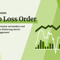 Börsenstrategie: Stop Loss Order zur Risikominimierung. Grafiken zeigen steigende Kurse und Balkendiagramme.