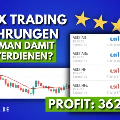 Devisen Trader Erfahrungen: Ein Chart zeigt fallende Kurse, daneben Währungspaare und ein Profit von 362,85€.