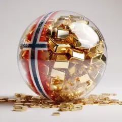Kugel mit norwegischer Flagge, gefüllt mit Goldbarren. Symbolisiert den norwegischen Staatsfonds ETF.