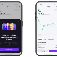 Zwei Smartphone-Screens zeigen die App von Kraken. Links wird eine Pop-up-Meldung angezeigt, die zum Kauf tokenisierter Aktien einlädt. Rechts ist ein Chart mit Aktienkursen zu sehen, was eine gute Kraken Erfahrung ermöglicht.
