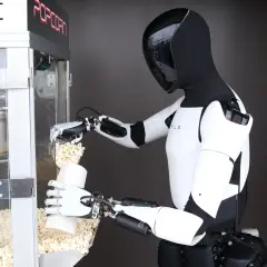 Ein humanoider Roboter füllt Popcorn in eine Tüte. Die Robotik-Aktie könnte bald solche Helfer einsetzen.