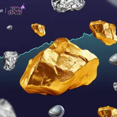 Gold- und Silberbrocken schweben vor einem Chart, das die Volatilität von Aktien seltener Erden symbolisiert.