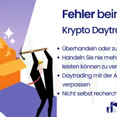 Ein Mann mit Spitzhacke vor einer Kiste voller Bitcoin-Münzen. Die Grafik warnt vor Fehlern beim Krypto-Daytrading, basierend auf negativen Daytrading-Erfahrungen.