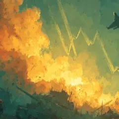 Panzer und Kampfjets über einer explosiven Wolkenlandschaft, die an steigende munitionshersteller aktien erinnert.