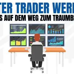 Ein quant trader sitzt vor mehreren Bildschirmen mit Finanzdiagrammen. Der Weg zum Traumberuf.