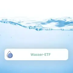 Klares Wasser mit Wellen und Bläschen. Ein Symbol und der Text "Wasser-ETF" deuten auf eine Investition in die Ressource Wasser hin.