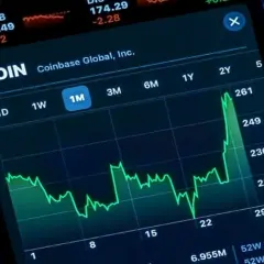 Aktienkurs von Coinbase (COIN) auf einem Smartphone. Ein grüner Chart zeigt den Kursverlauf, der stark ansteigt. Ein Nutzer prüft die Daten, um einen potenziellen schwarzen Liste broker zu identifizieren.