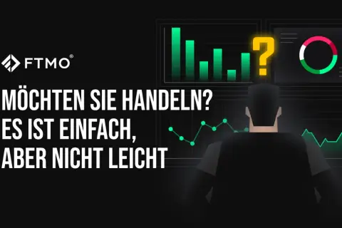 FTMO-Logo und Diagramme. Ein Mann blickt auf Finanzdaten. Die FTMO Challenge Regeln sind einfach, aber nicht leicht.