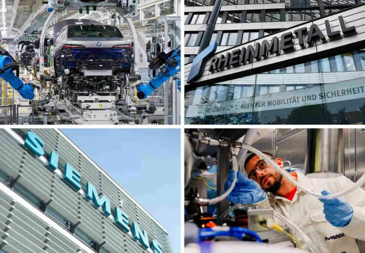 Vier Bilder zeigen deutsche Industrie: BMW-Autobau, Rheinmetall-Gebäude, Siemens-Logo, Merck-Mitarbeiter. Diese Unternehmen gehören zu den wertvollste deutsche Unternehmen.
