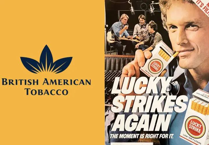 British American Tobacco wirbt für Lucky Strike. Ein Mann hält eine Zigarettenschachtel, während im Hintergrund Musiker zu sehen sind.