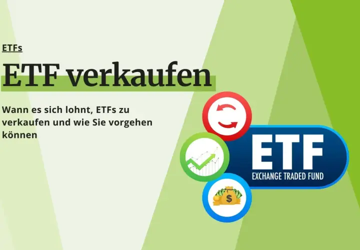 Grafik mit dem Titel "ETF verkaufen". Zeigt Symbole für Gewinn, Geld und Umtausch. Erklärt, wann es sich lohnt, ETFs zu verkaufen.