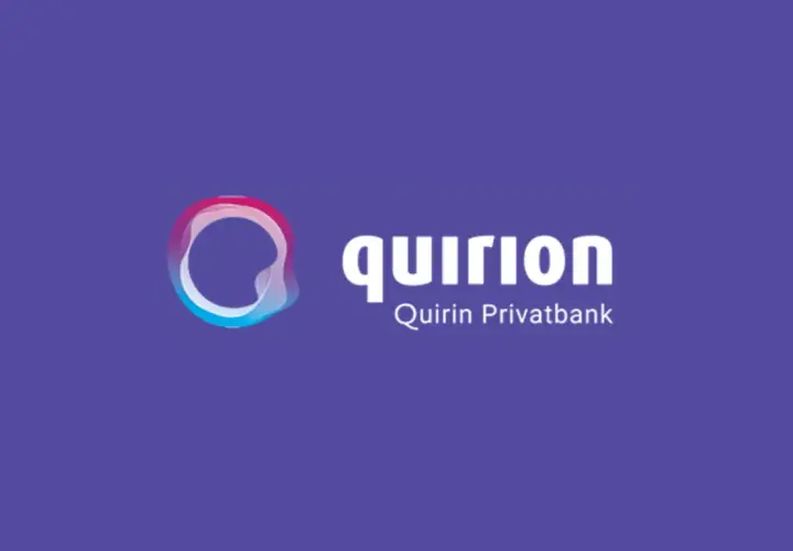 Das quirion-Logo mit dem Schriftzug "Quirin Privatbank" auf lila Hintergrund. Hoffentlich ist quirion nicht vor der Pleite.