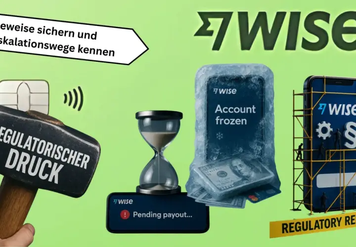 Ein riesiger Vorschlaghammer mit der Aufschrift "Regulatorischer Druck" trifft eine Bankkarte. Ein Handy mit "Account frozen" und ein Smartphone mit "Regulatory Remediation" deuten auf Probleme bei der **wise bank** hin.