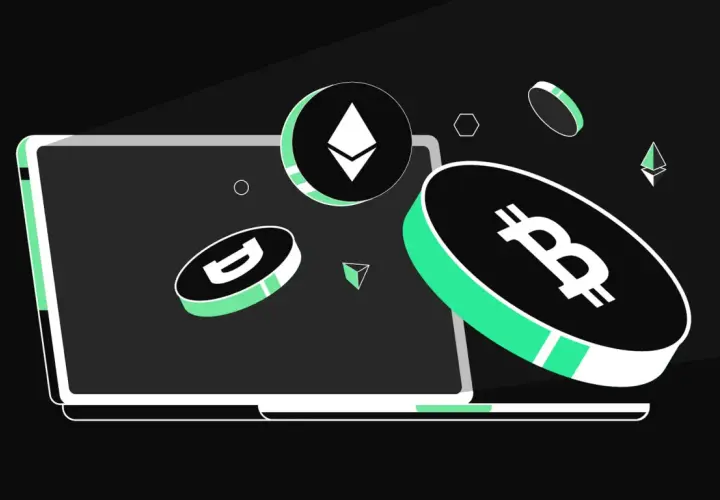 Ein Laptop mit Bitcoin, Ethereum und anderen Kryptomünzen. Ein limit order beispiel für den Handel.