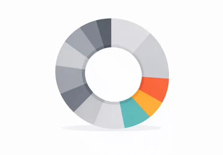 Kreisförmige Grafik mit Segmenten in verschiedenen Grautönen, Orange, Gelb und Türkis, die ein diversifiziertes ETF-Portfolio darstellt.