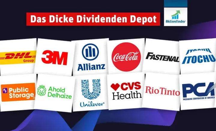 Logos bekannter Unternehmen wie Coca-Cola, Allianz, T-Mobile und 3M. Ein Depot mit Aktien mit monatlicher Dividende.