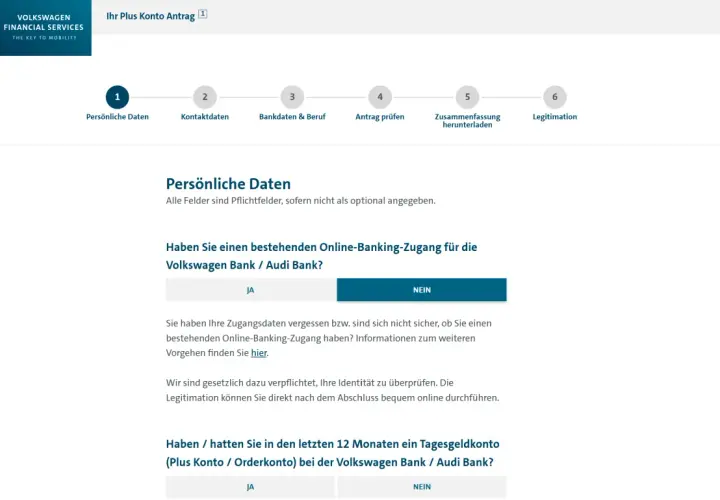 Antrag für ein Plus Konto bei der Volkswagen Bank. Hier werden persönliche Daten abgefragt, um Ihre Volkswagen Bank Erfahrungen zu erfassen.