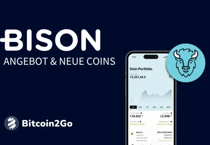 Bison App: Angebot & neue Coins. Ein Smartphone zeigt das Portfolio mit Bitcoin und Euro Wert. Positive Bison App Erfahrungen sind hier ersichtlich.
