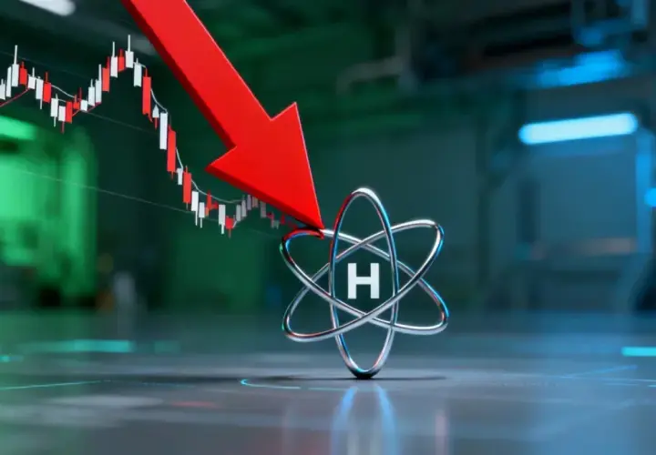 Roter Pfeil zeigt auf Atom-Symbol, während Börsenkurs fällt. Plug Power Aktie Prognose: Abwärtstrend.