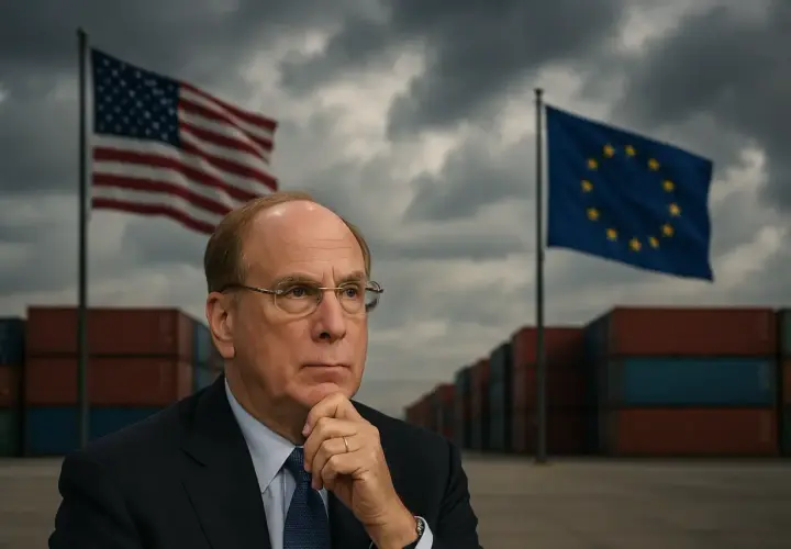 Ein Mann mit Brille denkt nach, im Hintergrund die US- und EU-Flagge über Containerstapeln. Möglicherweise eine Szene zur **Amundi STOXX Europe 600**-Analyse.