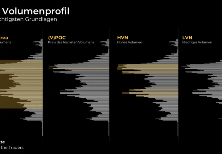 Das Volumenprofil zeigt, was bedeutet volumen: Value Area, (V)POC, HVN und LVN. Dies sind wichtige Grundlagen für Trader.