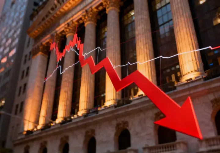 Roter Pfeil zeigt fallende Kurse vor einem Bankgebäude. Der **core MSCI World USD Acc** Index verzeichnet deutliche Verluste.