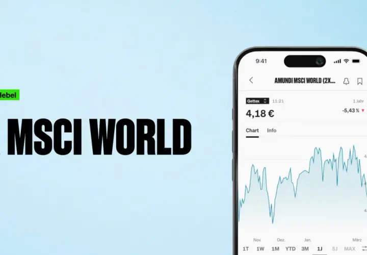 Der heilige Amundi MSCI World ETF mit 2x Hebel wird auf einem Smartphone-Display angezeigt, mit einem Chart, der die Wertentwicklung zeigt.