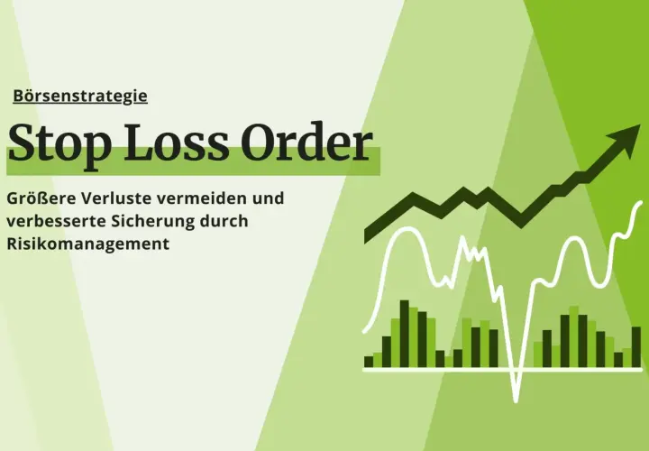Börsenstrategie: Stop Loss Order zur Risikominimierung. Grafiken zeigen steigende Kurse und Balkendiagramme.
