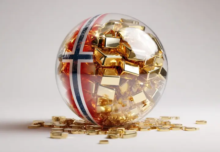 Kugel mit norwegischer Flagge, gefüllt mit Goldbarren. Symbolisiert den norwegischen Staatsfonds ETF.