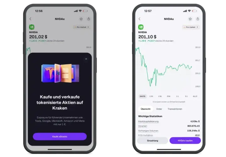 Zwei Smartphone-Screens zeigen die App von Kraken. Links wird eine Pop-up-Meldung angezeigt, die zum Kauf tokenisierter Aktien einlädt. Rechts ist ein Chart mit Aktienkursen zu sehen, was eine gute Kraken Erfahrung ermöglicht.
