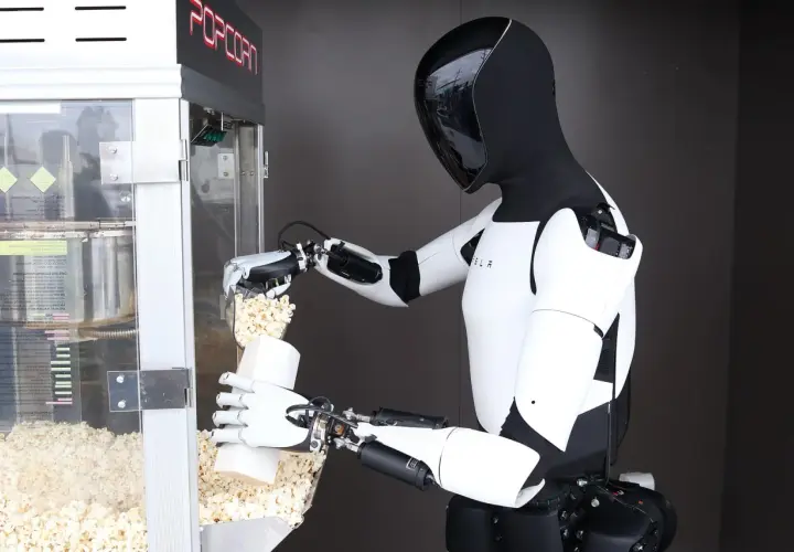 Ein humanoider Roboter füllt Popcorn in eine Tüte. Die Robotik-Aktie könnte bald solche Helfer einsetzen.