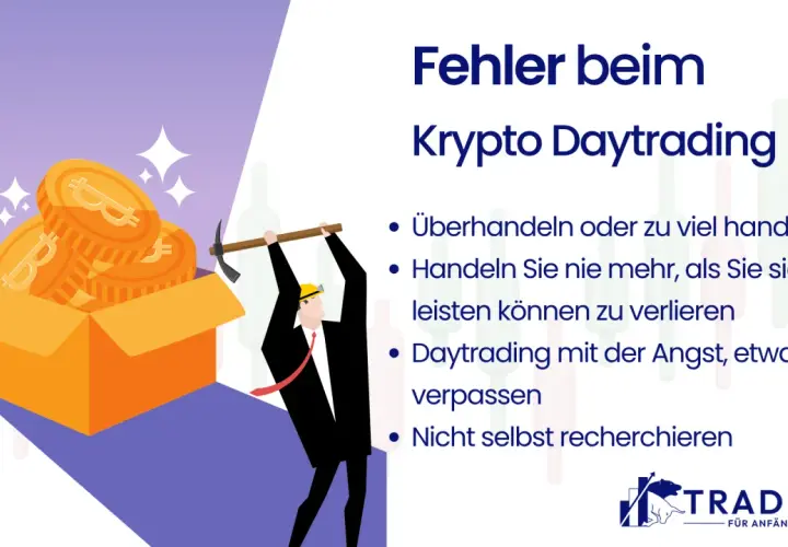 Ein Mann mit Spitzhacke vor einer Kiste voller Bitcoin-Münzen. Die Grafik warnt vor Fehlern beim Krypto-Daytrading, basierend auf negativen Daytrading-Erfahrungen.